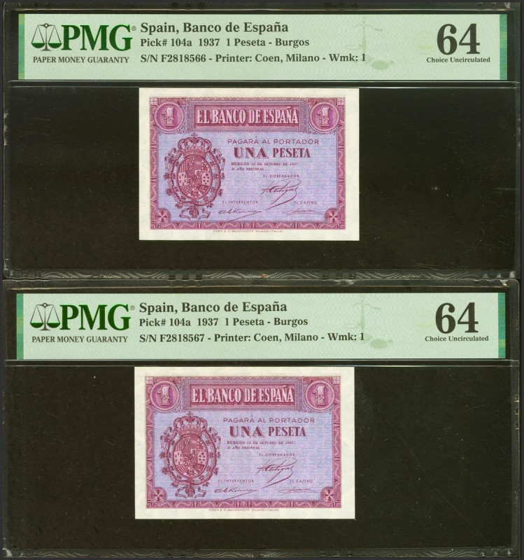 1 Peseta. 12 de Octubre de 1937. Pareja correlativa. Serie F, última serie emiti...