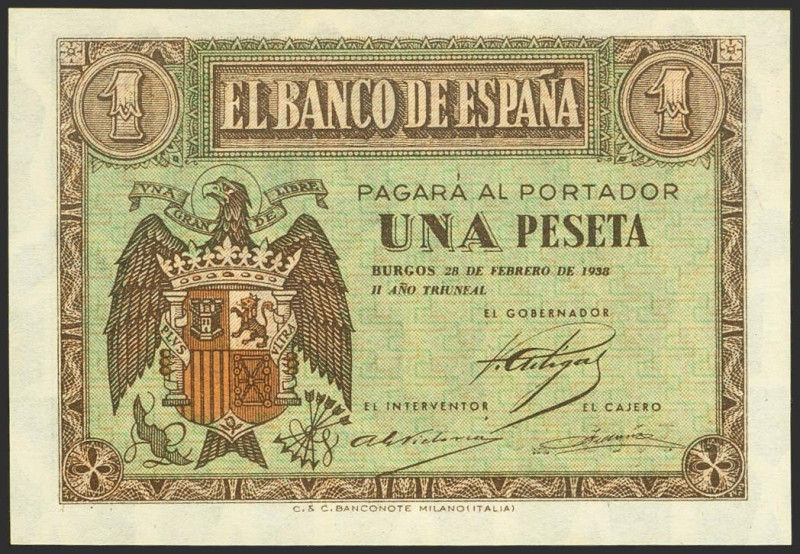 1 Pesetas. 28 de Febrero de 1938. Serie A. (Edifil 2023: 427). Inusual, apresto ...