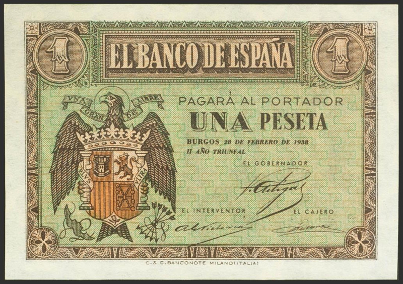 1 Peseta. 28 de Febrero de 1938. Serie E. (Edifil 2021: 427a). Conserva todo su ...