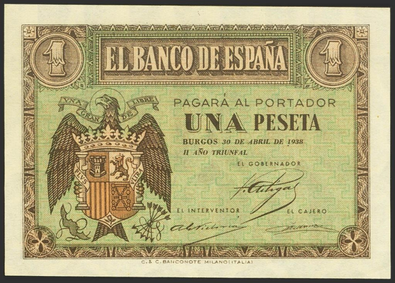 1 Peseta. 30 de Abril de 1938. Serie B. (Edifil 2023: 428a). Apresto original. S...