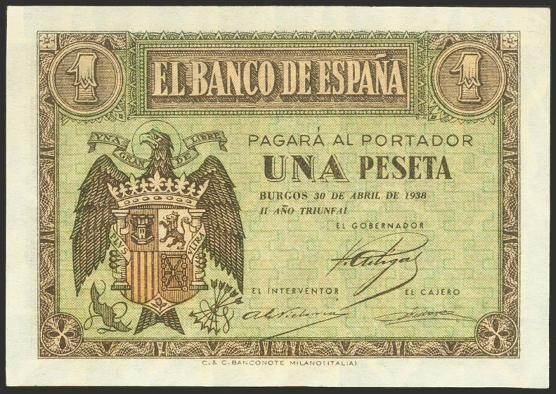 1 Peseta. 30 de Abril de 1938. Serie E. (Edifil 2023: 428a). Apresto original. S...