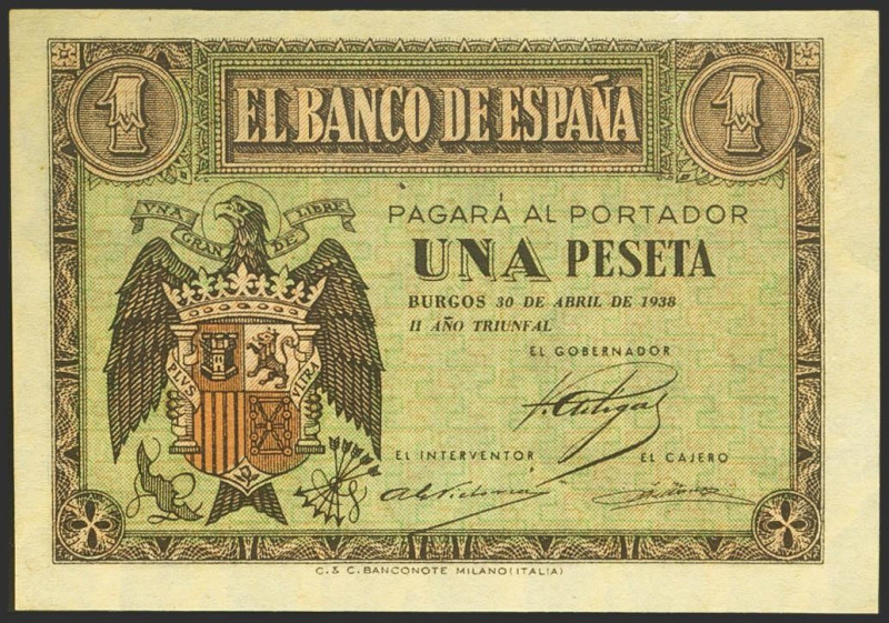 1 Peseta. 30 de Abril de 1938. Serie G. (Edifil 2023: 428a). Apresto original. S...