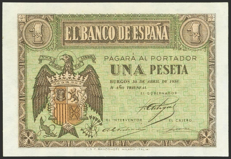 1 Peseta. 30 de Abril de 1938. Serie I. (Edifil 2023: 428a). Apresto original. S...