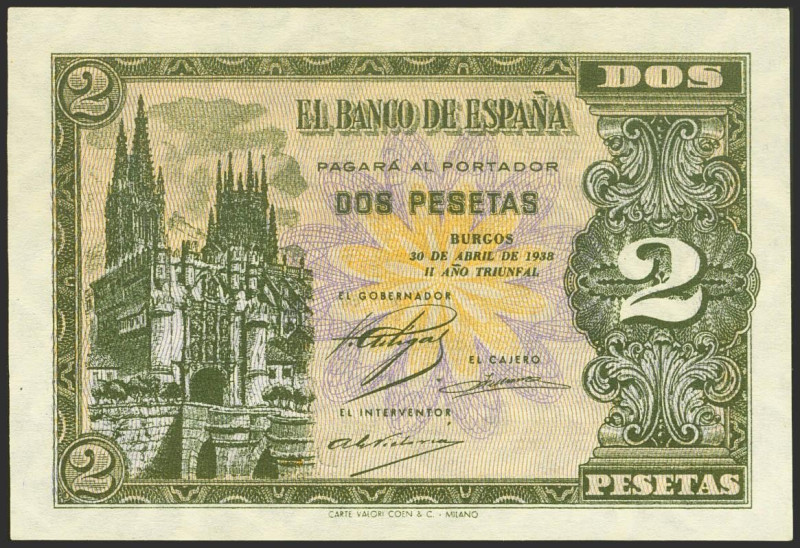 2 Pesetas. 30 de Abril de 1938. Serie D. (Edifil 2021: 429a). Apresto original. ...