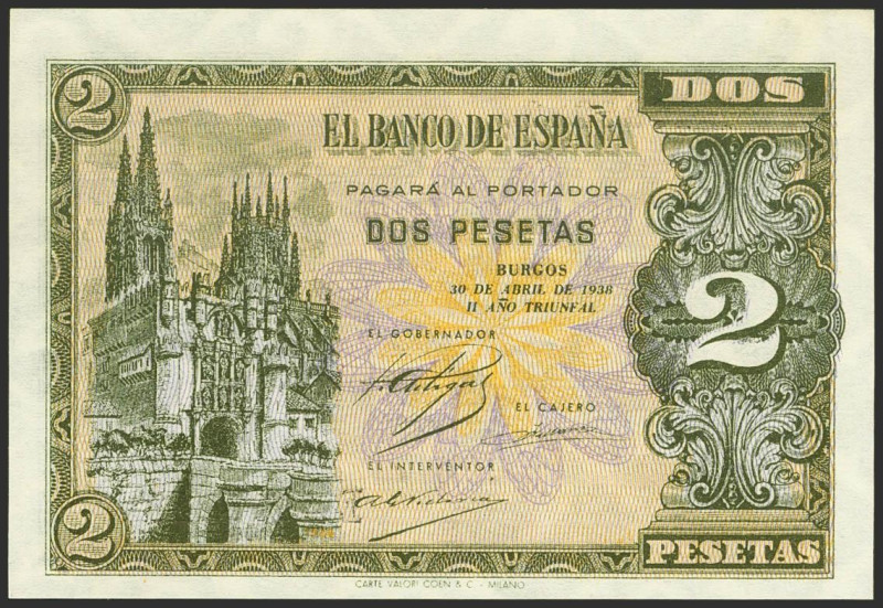 2 Pesetas. 30 de Abril de 1938. Serie E. (Edifil 2021: 429a). Apresto original. ...