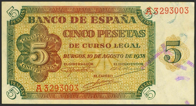 5 Pesetas. 10 de Agosto de 1938. Serie A. (Edifil 2021: 435). Conserva todo su a...