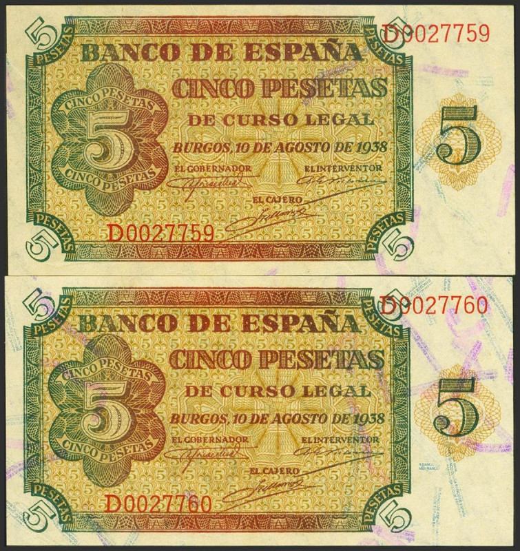 5 Pesetas. 10 de Agosto de 1938. Pareja correlativa. Serie D. (Edifil 2023: 435a...