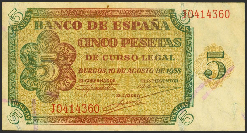 5 Pesetas. 10 de Agosto de 1938. Serie J. (Edifil 2021: 435a). Conserva parte de...