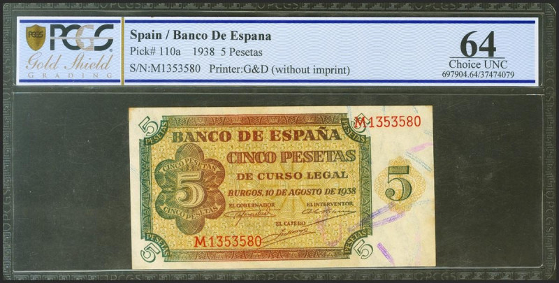 5 Pesetas. 10 de Agosto de 1938. Serie M, última serie emitida. (Edifil 2021: 43...