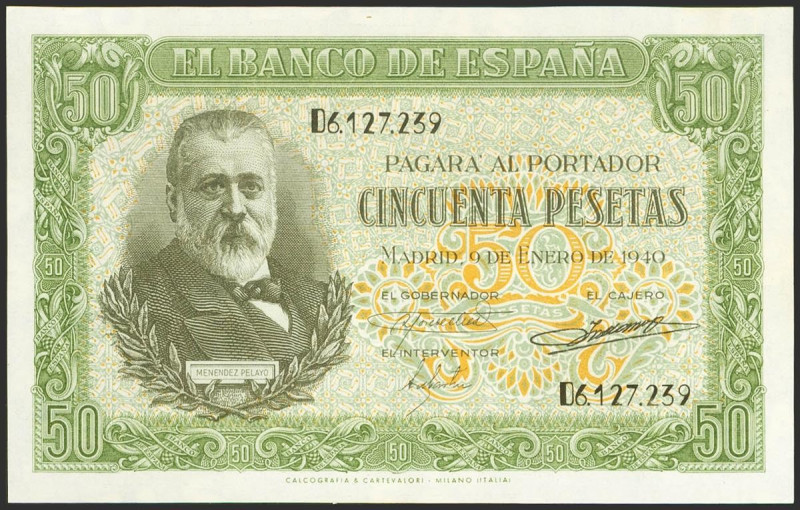 50 Pesetas. 9 de Enero de 1940. Serie D. (Edifil 2023: 437a). Conserva gran part...