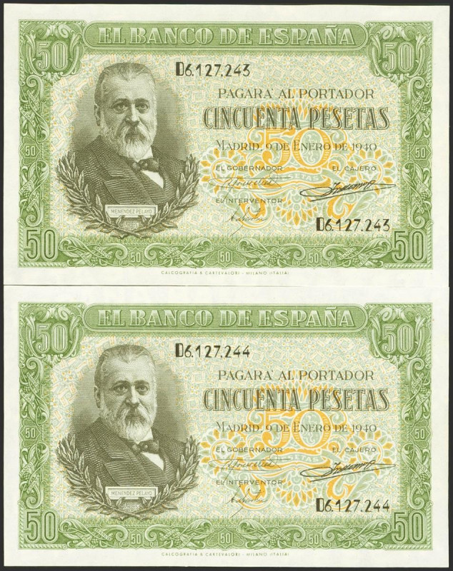 50 Pesetas. 9 de Enero de 1940. Pareja correlativa. Serie D. (Edifil 2023: 437a)...