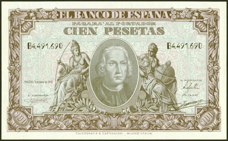 100 Pesetas. 9 de Enero de 1940. Serie B. (Edifil 2021: 438a). Conserva todo su ...