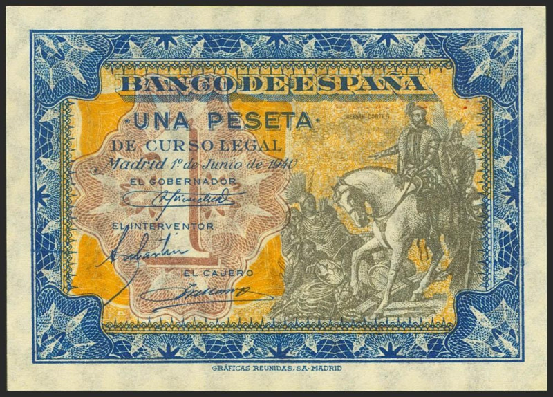 1 Peseta. 1 de Junio de 1940. Serie B. (Edifil 2021: 441a). Conserva la gran par...