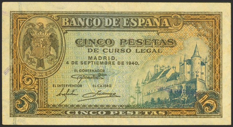 5 Pesetas. 4 de Septiembre de 1940. Serie A. (Edifil 2023: 443). Conserva gran p...