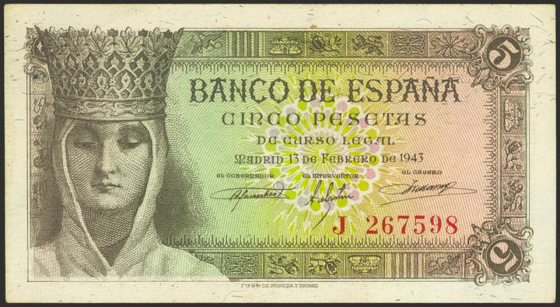 5 Pesetas. 13 de Febrero de 1943. Serie J, última serie emitida. (Edifil 2021: 4...