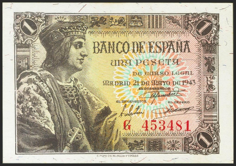 1 Peseta. 21 de Mayo de 1943. Serie G. (Edifil 2021: 447a). Apresto original. SC...