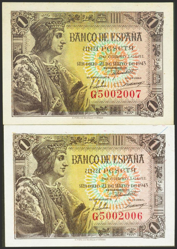 1 Peseta. 21 de Mayo de 1943. Pareja correlativa. Serie G. (Edifil 2023: 447a). ...