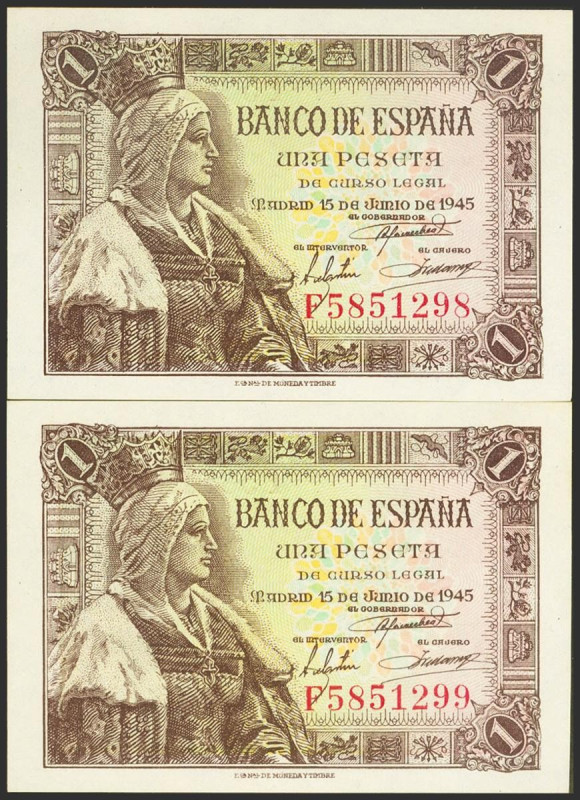 1 Peseta. 15 de Junio de 1945. Pareja correlativa. Serie F. (Edifil 2023: 448a)....