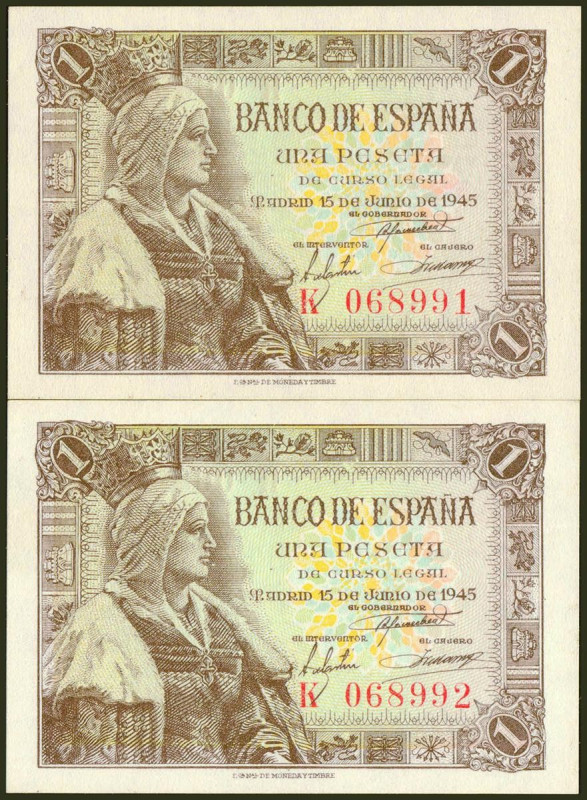 1 Peseta. 15 de Junio de 1945. Pareja correlativa. Serie K. (Edifil 2021: 448a)....