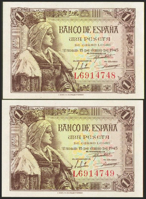 1 Peseta. 15 de Junio de 1945. Pareja correlativa. Serie L. (Edifil 2021: 448a)....