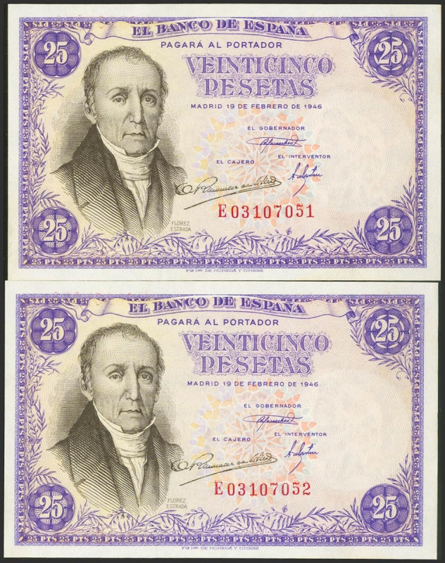 25 Pesetas. 19 de Febrero de 1946. Pareja correlativa. Serie E. (Edifil 2021: 45...