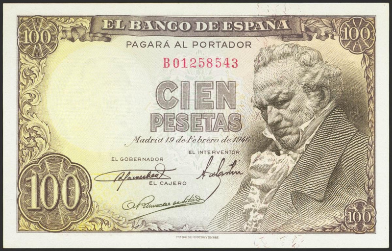 100 Pesetas. 19 de Febrero de 1946. Serie B, última serie emitida. (Edifil 2023:...