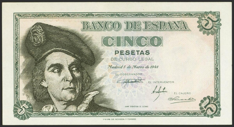 5 Pesetas. 15 de Marzo de 1948. Serie H. (Edifil 2021: 455a). Apresto original. ...