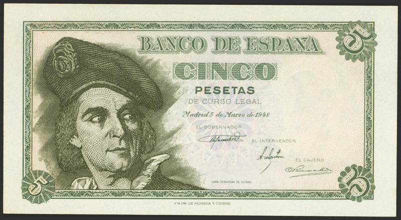 5 Pesetas. 15 de Marzo de 1948. Serie L. (Edifil 2023: 455a). Apresto original. ...