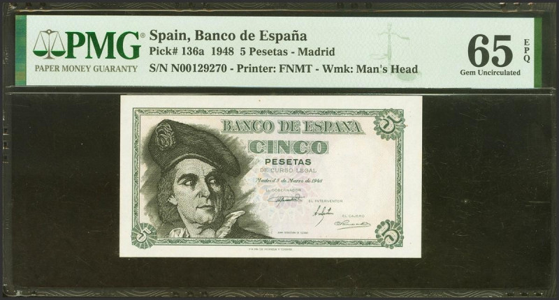 5 Pesetas. 5 de Marzo de 1948. Serie N, última serie emitida. (Edifil 2023: 455b...