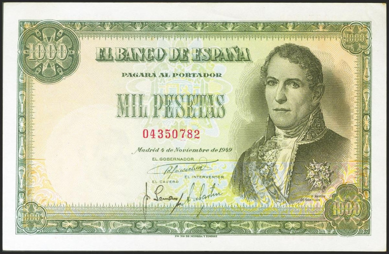 1000 Pesetas. 4 de Noviembre de 1949. Sin serie. (Edifil 2021: 458). Conserva to...