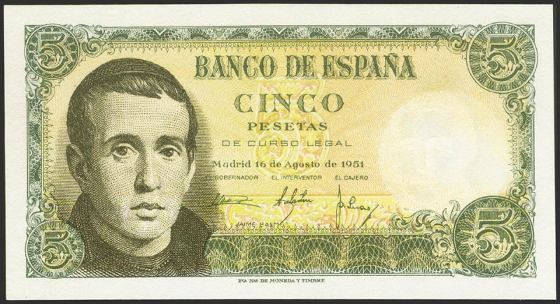 5 Pesetas. 16 de Agosto de 1951. Sin serie. (Edifil 2021: 459). Apresto original...