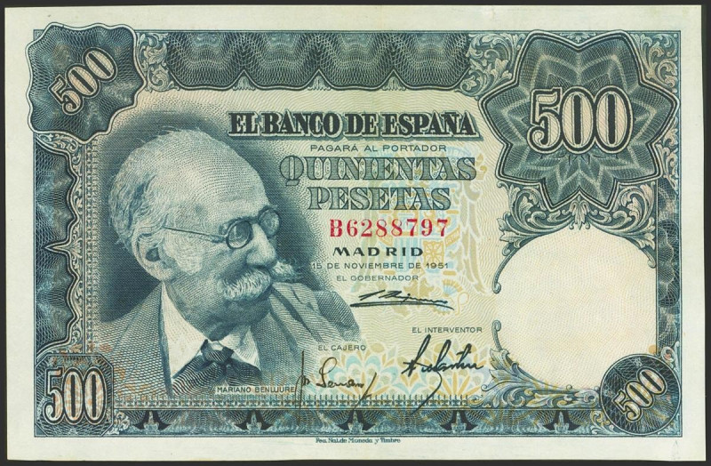 500 Pesetas. 19 de Noviembre de 1951. Serie B. (Edifil 2021: 460a). Conserva tod...