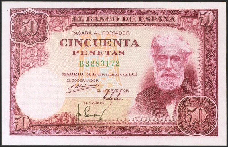 50 Pesetas. 31 de Diciembre de 1951. Serie B. (Edifil 2021: 462a). Inusual en es...