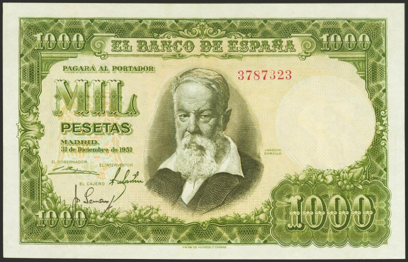 1000 Pesetas. 31 de Diciembre de 1951. Sin serie. (Edifil 2021: 463). Conserva p...