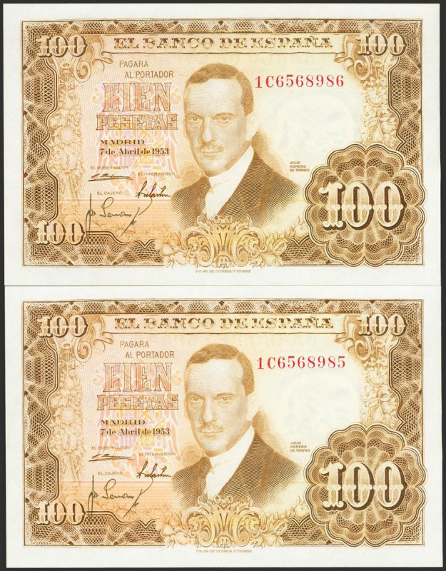 100 Pesetas. 7 de Abril de 1953. Pareja correlativa. Serie 1C. (Edifil 2023: 464...