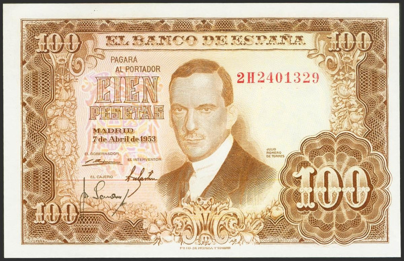 100 Pesetas. 7 de Abril de 1953. Serie 2H. (Edifil 2023: 464c). Apresto original...