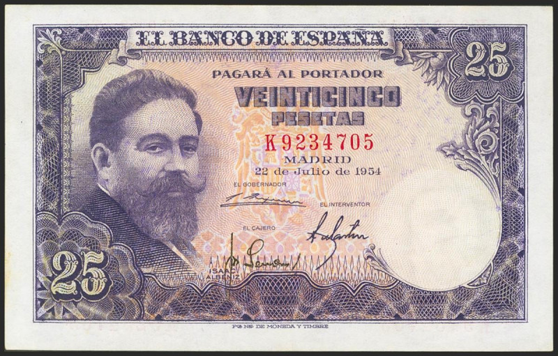 25 Pesetas. 22 de Julio de 1954. Serie K. (Edifil 2021: 467a). Conserva todo su ...