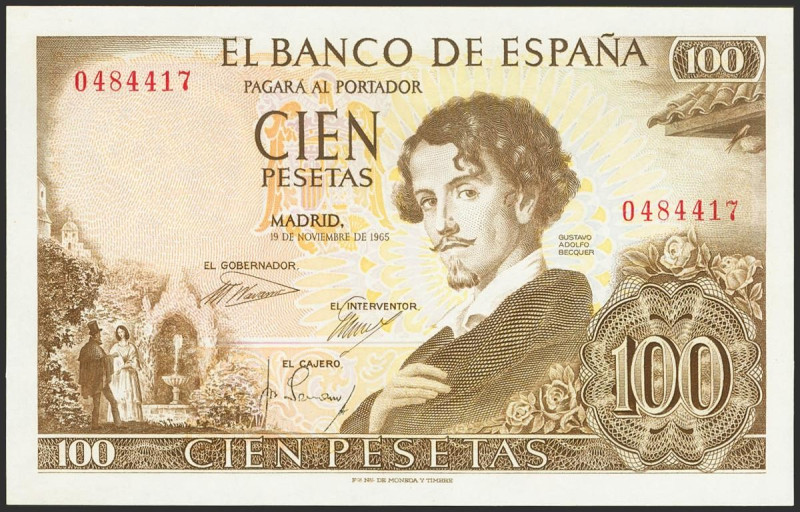 100 Pesetas. 19 de Noviembre de 1965. Sin serie. (Edifil 2023: 470). Apresto ori...