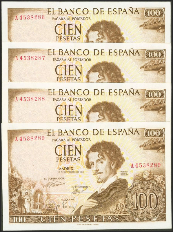 Conjunto de 4 billetes correlativos de 100 Pesetas emitidos el 19 de Noviembre d...