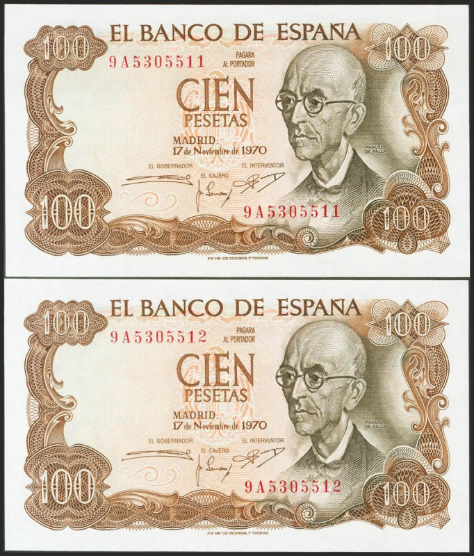 100 Pesetas. 17 de Noviembre de 1970. Pareja correlativa. Serie especial 9A. (Ed...