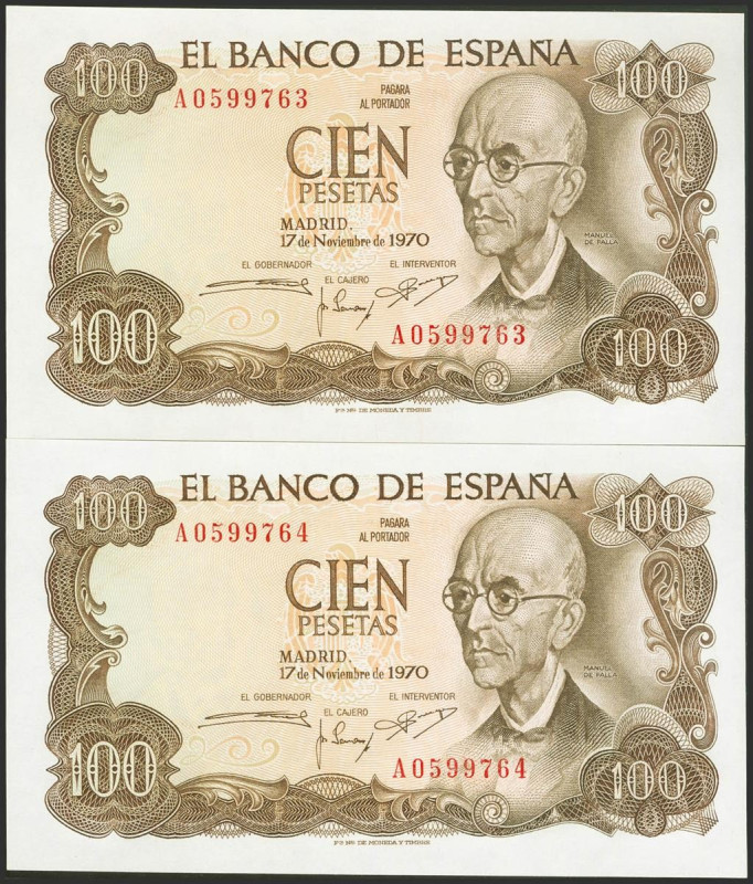 100 Pesetas. 17 de Noviembre de 1970. Pareja correlativa. Serie A. (Edifil 2023:...