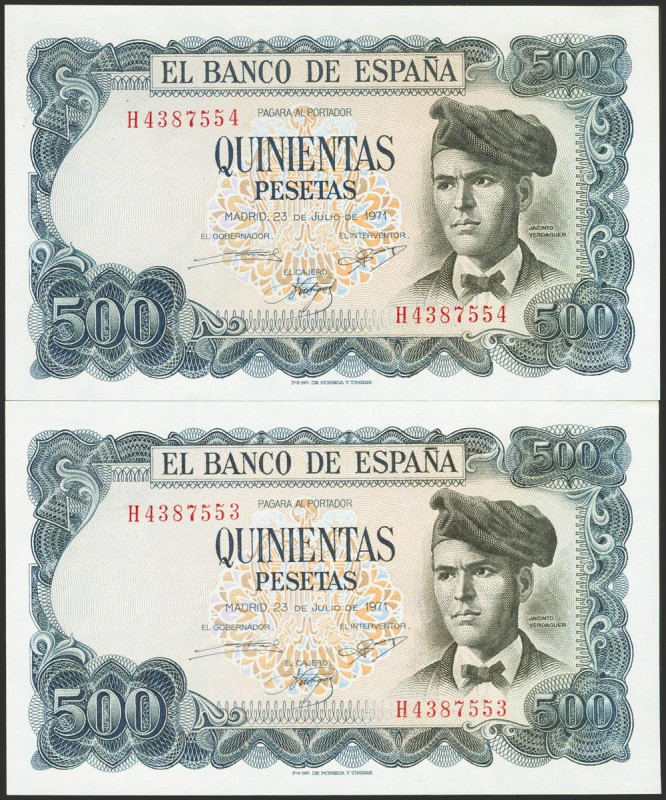 500 Pesetas. 23 de Julio de 1971. Pareja correlativa. Serie H. (Edifil 2023: 473...