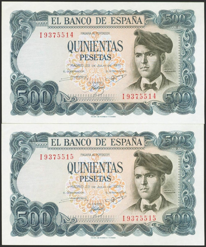 500 Pesetas. 23 de Julio de 1971. Pareja correlativa. Serie I. (Edifil 2023: 473...