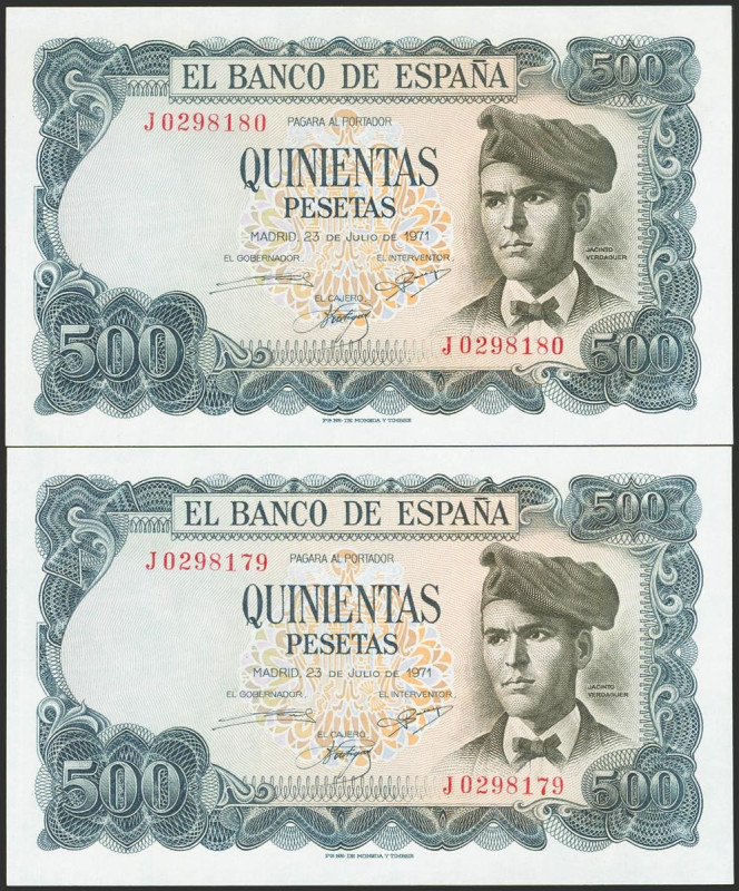 500 Pesetas. 23 de Julio de 1971. Pareja correlativa. Serie J. (Edifil 2023: 473...