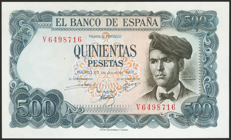 500 Pesetas. 23 de Julio de 1971. Serie V. (Edifil 2021: 473a). Apresto original...