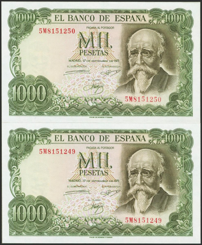 1000 Pesetas. 17 de Septiembre de 1971. Pareja correlativa. Serie 5M. (Edifil 20...