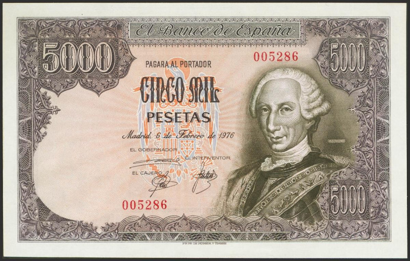 5000 Pesetas. 6 de Febrero de 1976. Sin serie y numeración muy baja. (Edifil 202...