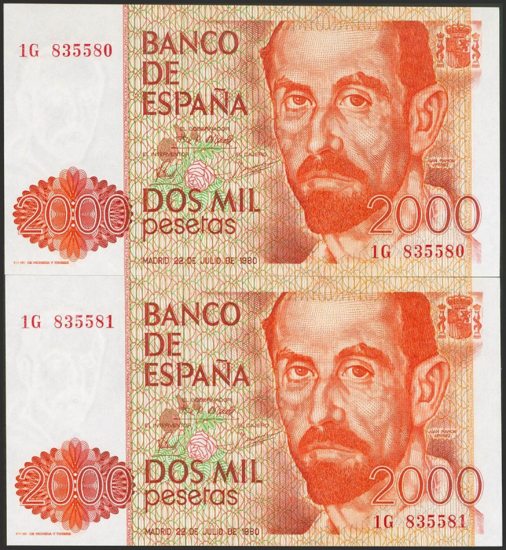 2000 Pesetas. 22 de Julio de 1980. Pareja correlativa. Serie 1G. (Edifil 2023: 4...