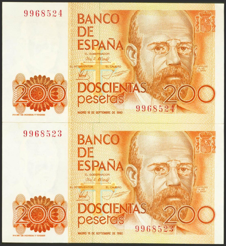 200 Pesetas. 16 de Septiembre de 1980. Pareja correlativa. Sin serie. (Edifil 20...