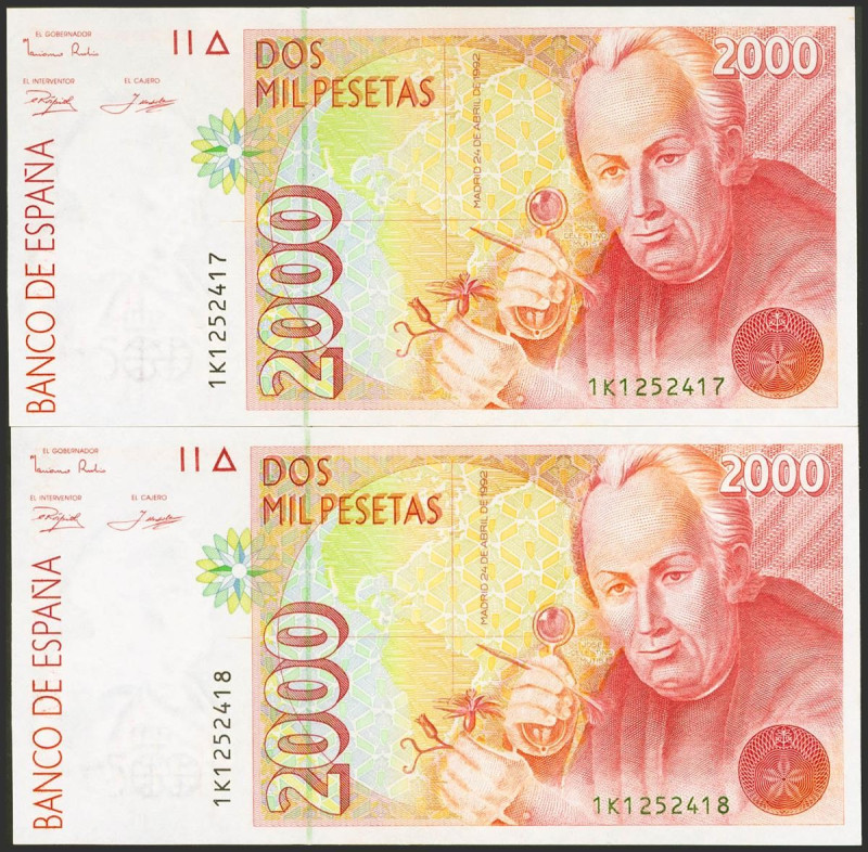 2000 Pesetas. 24 de Abril de 1992. Pareja correlativa. Serie 1K. (Edifil 2023: 4...